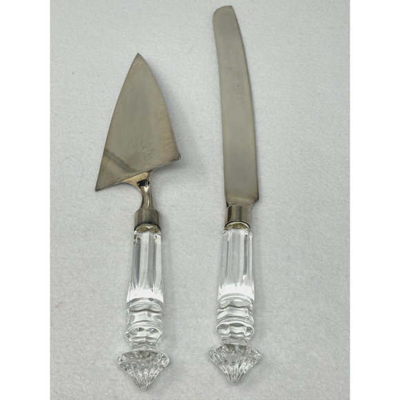 Silver Clear Cake Knife and Server Set Crystal Handles Wedding Party - Picture 3 of 3